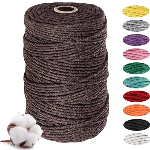 Fil de Macramé 3 mm x 100 m - 100% Coton - Corde Tricotée pour Suspension Murale, Fleurs - Décoration Bohème - Bricolage (Marron)