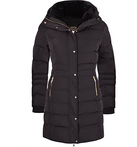 Spindle Women’s Designer Winter Lined Parka Quilted Coat Fur Collar Hooded Long Ladies Womens Jacket (10, Black Gold Hooded)