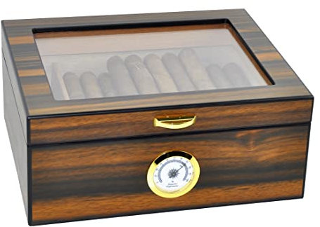 Eitida Zigarren Humidor Etui für 25–50 Zigarren, Display aus gehärtetem Glas, handgefertigte Aufbewahrungsbox aus spanischer Zeder mit Trennwand, Luftbefeuchter, Hygrometer, Santos-Palisander