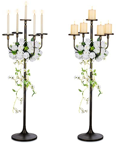 Sziqiqi Floor Standing Candelabra for Centrepiece: 2 Pcs Distressed Black Candle Holders 122cm Tall for Taper Pillar Candles - 5 Arm Extra Large Candelabra for Halloween Christmas Party Gothic Decor