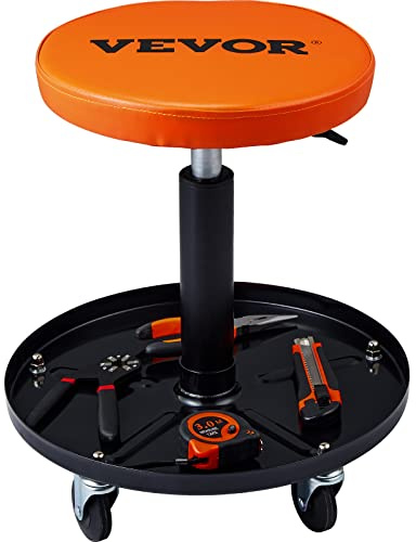 VEVOR Taburete de Taller Móvil Carga de 113,4 kg Taburete Mecánico con Ruedas Asiento de Taller Altura Ajustable con Bandeja de Herramientas Marco Resistente Cómodo Asiento Acolchado para Automóvil