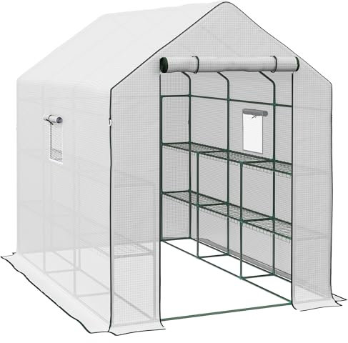 Outsunny Walk-in Greenhouse with 3 Tier 12 Shelves, Small Greenhouse with Reinforced PE Cover, Garden Plant Growhouse with Roll-up Door and Three Mesh Windows, 140 x 213 x 190 cm, White