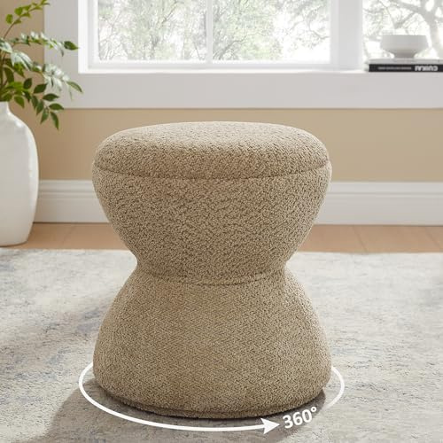 VANOMi Multi-Functional Boucle Ottoman, Vanity Stool Chair, Sturdy Rotating Wooden Footstool, Suitable for Living Room, Bedroom, and Entryway, Without Installation, Swivel, Camel