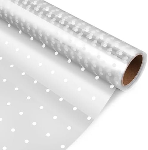 Geschenkfolie Transparent, Durchsichtiges Geschenkpapier mit Weißer Punkt, cellophanfolie 40cm x 30m, Durchsichtige Folie für Geschenk Hochzeit Muttertag Blumenstrauß Geschenkkorb Kunsthandwerk