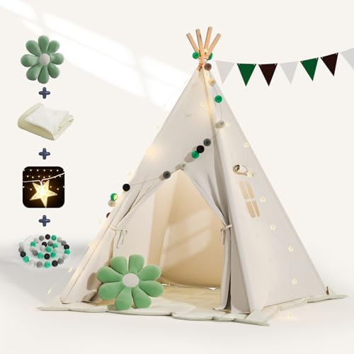 BlueWood Tipi Infantil, Tienda de campaña Interior para Niños con Luces de Hadas, Tienda de Juego con Banderas de Colores, Almohada de Flores, Alfombrilla Antideslizante y Bolsa de Almacenaje