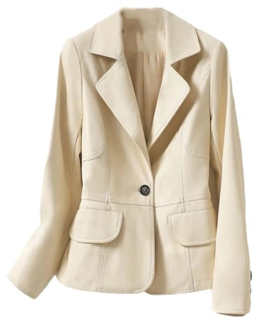 Blazer en peau de mouton pour femme - Veste de costume à revers cranté - Manteaux minces à un bouton, abricot, XL