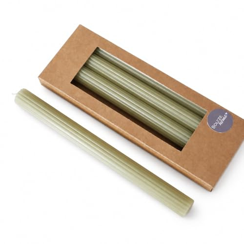 ReWu Candele a stelo con scanalature, set di 4 candele scanalate, in vera cera, per la casa, colore verde chiaro