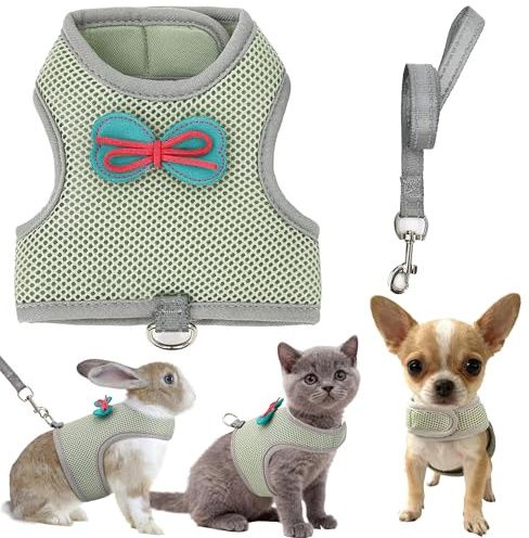 AIITLE Ensemble harnais et laisse pour lapin avec nœud mignon, gilet en maille anti-fugue pour petits animaux, chaton, chiot, écureuil, furet, cochon, lapin, vert olive, taille S