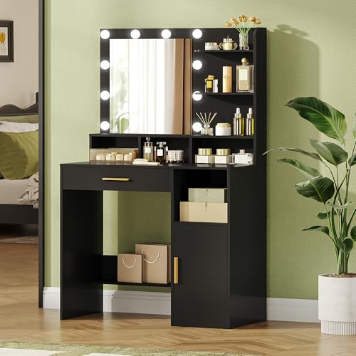 Hzuaneri Toeletta da Trucco, Luminosità Regolabile,Tavolo da Trucco con Specchio Grande, ampio cassetto e armadietto, Durevole e stabile, Moderno, Nero VT08106X