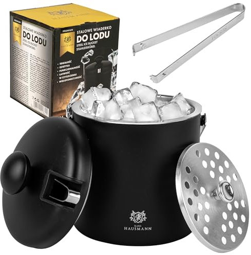 KARL HAUSMANN Secchiello Ghiaccio in Acciaio Inox - 1.3L - Nero Secchio Ghiaccio con Coperchio e Pinza - Isolato a Doppia Termico - 100% Sanz BPA - Contenitore per Bar - Cestello - Ice Bucke