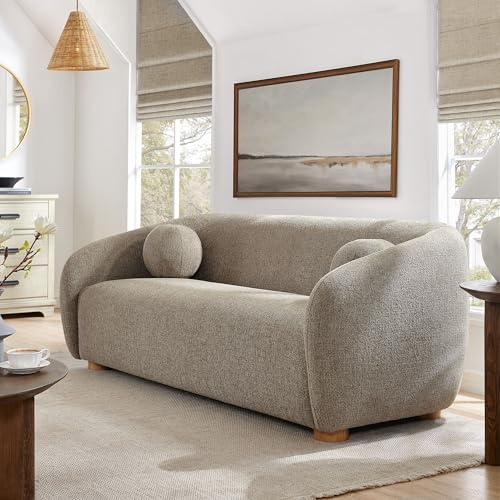 Modway Holland 85 Inch Minimalist Curved Back Sofa in Taupe – Chenille Fabric Sofa with Ball Throw Pillows and Wood Feet – Modern 3-Seater Couch for Living Room