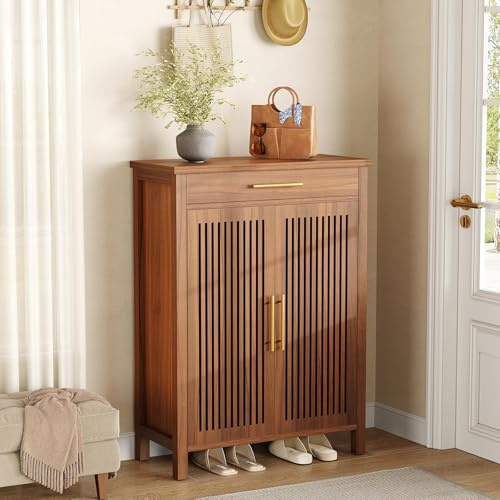 Tribesigns 5-stöckiger Schuhschrank schmal mit Lamellentüren und Schublade – Verstellbares Schuhregal aus Holz für Eingangsbereich, Flur und Kleiderschrank – 80 x 36 x 110 cm, Braun