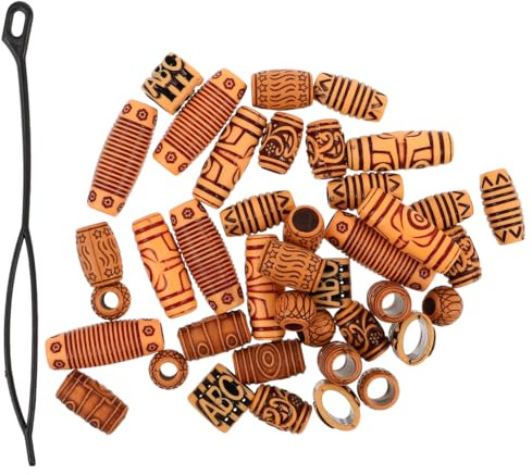 DEARMAMY Dreadlock Beads 40Pcs Large Hole Wooden Hair Beads for Braids Lightweight Tube Accessories with Tool for Women Dreadlocks and Beard Styling