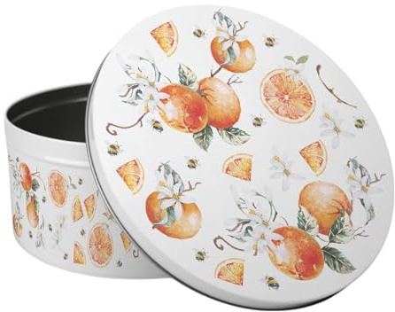 Purely Home Tangerines Large Cake Tin - Orange Summer Fruits & Flowers Themed Kitchen Gifts - Round Metal Storage Container for Baking 23 x 10cm