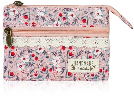 FuninCrea Small Coin Purses for Women and Girls with 2 Zipper Pockets, Floral Coin Pouch Small Womens Purse, Cotton Women Mini Wallets Portable Mini Purse for Card Change Key (Style 15)