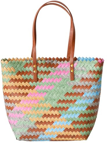 SHARPDO Panier Osier Tressé Multicolore Léger et Pliable, Sac Cabas Vintage à Anses Cuir, Léger, Spacieux, Parfait pour Toutes les Sorties