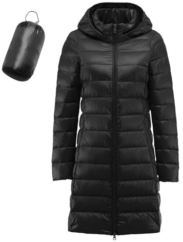 Plumifero Ultraligero Mujer Largo Abrigo Acolchado con Capucha Extraíble Chaqueta Larga y Ligera de Plumón para Mujer Abrigo Ajustado Ropa de Abrigo Impermeable Invierno Cálido Senderismo