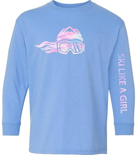 Ski Like A Girl Youth Long Sleeve T-Shirt Carolina Blue Cotton Candy (Ages 6-14) (US, Alpha, Medium, Regular)