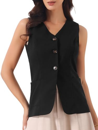 Allegra K Chaleco de Lino Y Algodón para Mujer Chaqueta de Verano sin Mangas con Botones Y Cuello en V