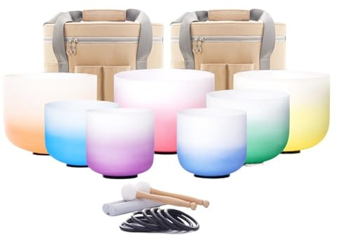 Kristall klangskål set med klangskålar i frostat kristall gradient färg 6–12 tum 7 st 432 HZ med bärväska(440hz beige väska)