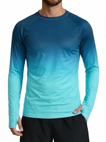 XiaoMoSha Rash Guard herr UPF 50+ solskydd utslag väst långärmad simning toppar snabbtorkande solskjorta lätt vikt andningsbar t-shirt för löpning sport fiske vandring S-2XL, Blågrön toning, XL