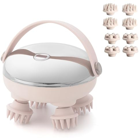 Masajeador de cabeza eléctrico, aparato de masaje de piel peluda inalámbrico e impermeable con 8 cabezas y 2 modos, 360° amasado (128 nudos) para relajarse, humano y animales (gris)