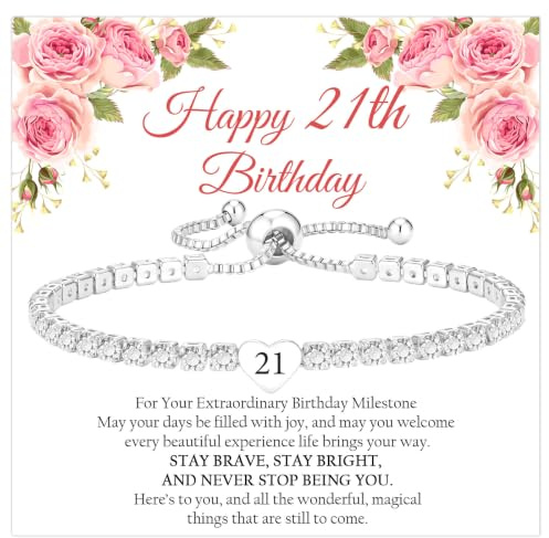 KLIFOWDY 18th 21th 30th 40th 50th 60th Birthday Gifts for Women 925 Sterling Silver Tennis Bracelet Adjustable Silver Heart Bracelet for Women Birthday Gifts with Card for Mum Daughter Grandma (21th)