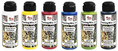 Ideen mit Herz Pouring akrylfärgset | 6 färger | 120 ml vardera | Pouring medium redan integrerad i akrylfärger | ingen ytterligare blandning med vätska, medium eller silikonolja krävs (färgblandning