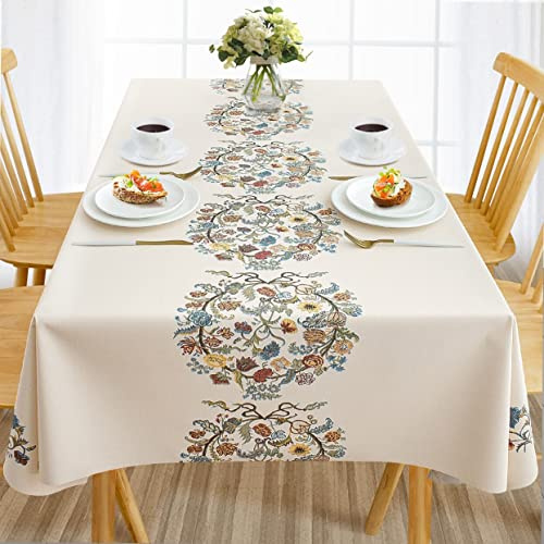 AIRCOWRIE Waterproof Vinyl Tablecloths, Heavy Duty Oil Proof Spill Proof Plastic Table Cloth, Wipe Clean PVC Table Cover for Spring Indoor and Outdoor Use (Embroidery Flower, 54”×108”, Rectangle)