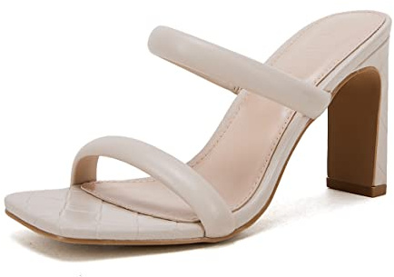 Coutgo Womens Square Open Toe Heeled Sandals Two Strap high Heel Backless Dress Slip On Mules