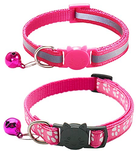 Qinao 2Pack Cat Collars Quick Release Reflective Kitten Collar with Bell & Safety Release (Dark Pink)