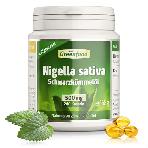 Schwarzkümmelöl, hochdosiert, 500mg - 240 Kapseln (Softgel). Hochwertige Nigella sativa - kaltgepresst. OHNE künstliche Zusätze - laborgeprüft. Von Greenfood.