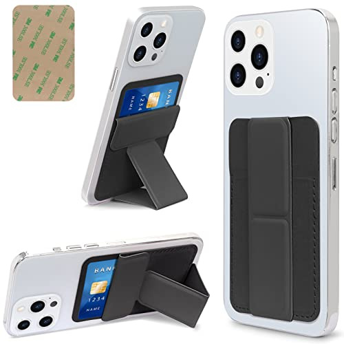 WWW Card Holder with Stand for Back of Phone,Secure Stick on Wallet,PU Leather Credit Cards Holder for Cell Phone with 3M Adhesive Sticker for Smart Phones,Black
