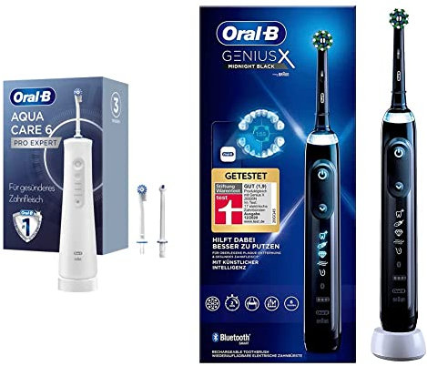 Oral-B AquaCare 6 Kabellose Munddusche, 3 Ersatzdüsen, weiß/grau & Genius X Elektrische Zahnbürste/Electric Toothbrush, 6 Putzmodi für Zahnpflege, künstliche Intelligenz & Bluetooth-App, schwarz