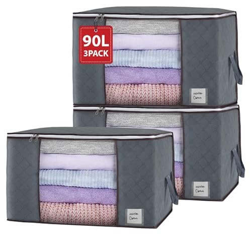 Yuhman 3 Pack of 90L Large Clothes Storage Bags - Clothes Bags Storage with Reinforced Handle & Name tag Pocket, Crafted from Durable Non-woven Fabric for Clothing, Blankets & Comforters(Grey)