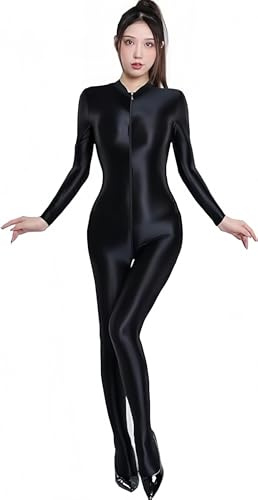 Yaaapiy Woman's Sheer Shiny Bodystocking yoga Lingerie Skin Tight Elastic Unitard High Neck Long Sleeve Zipper Footed Crotch Bodysuit (Black 1)
