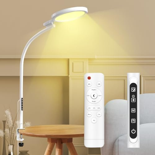 SAD Lamp with Metal Clamp - 10000 Lux Round Light Therapy - UV-Free Sun Lamp with 5 Light Colors & 5 Adjustable Brightness - Gooseneck for Mood Lift/Reading/Office