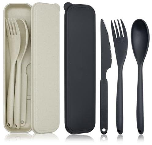 JINGIHE Large Travel Cutlery Set with Case, 2 Sets Reusable Portable Cutlery Set, Plastic Knives and Forks Set, Camping Utensils for Lunch Box School Work Picnic Daily Use (Black+Beige)
