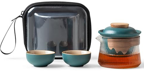 fanquare Juego de Té Portátil de Viaje Tetera de Porcelana China Kung Fu de Cristal Verde con Infusor Mini 1 Tetera 2 Tazas para Adultos