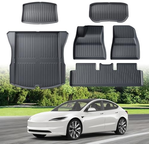ECOZEN Tesla Model 3 2024-2025 6pcs TPE Kit de Tapis de Voiture et de Tapis de Coffre, Original Scan 3D Tapis de Sol e Coffre, 3 Couches Caoutchouc antidérapant imperméable, Bord Haut, Toutes Saisons