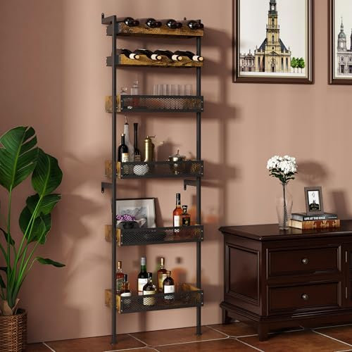 COVAODQ Weinregal für 20 Flaschen,Wine Rack 44x21x176 cm,Practical Wine and Bottle Rack,für Küche Bar Keller Esszimmer,6 Etagen Vintagebraun-schwarz