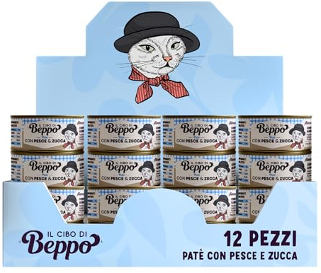 Il Cibo di Beppo Umido Macinato per Gatti Sterilizzati - 12 Lattine da 85g - Alimento Completo di Alta Qualità (12 lattine da 85g, Paté - Pesce e Zucca)