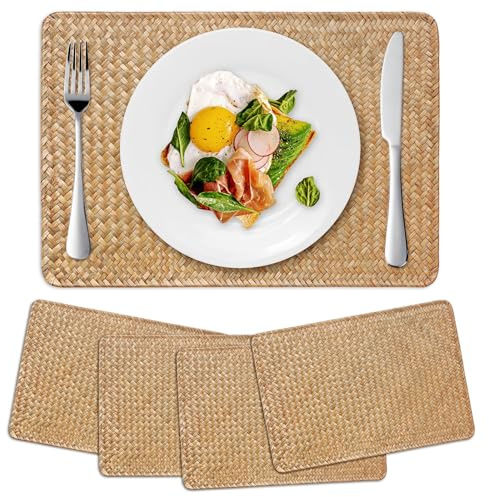 4 Pack Woven Placemats, Rectangular Rattan Place mats, Natural Seagrass Placemats, Farmhouse Wicker Table Mats for Dining Table