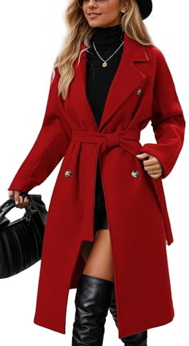 SEAUR Trench Coats for Women Double Breasted Mid-Length Belted Overcoat Long Dress Jacket Casual Work Office Pea Coat with Pocket Red XL 2024