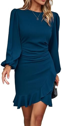 Haibang Damen Kleid Elegant Langarm Bodycon Rüschen Puffärmel Kurz Kleider Einfarbige Abendkleider Partykleid Vintage Freizeitkleid Rundhals Businesskleider Sexy Bleistiftkleid für Festlich Hochzeit