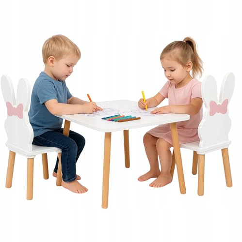 PlayPals Furniture Barnbord med 2 stolar – barnbordsstolset av trä, 50 x 60 cm – barnstolsgrupp, naturliga sittmöbler för barn- och barnstolsset