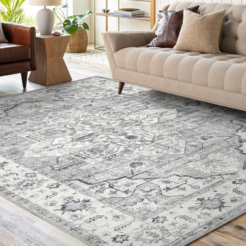 Fondream Rugs Living Room, 200x300cm Grey Washable Rug for Bedroom, Large Area Rugs Short Pile Kitchen Rug, Non Slip Vintage Carpet Faux Fur Rug for Dining Room Office