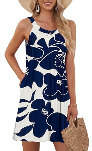 AUSELILY Women's Summer Dress UK Sleeveless Beach Dress Cover Up Ladies Casual Halter Dress with Pockets