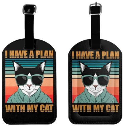 My Cat and I Have a Plan Luggage Tags for Suitcases PU Leahter Luggage Tag with Privacy Protection Bag Tags Cute Women Men Travel Bag Luggage Accessories