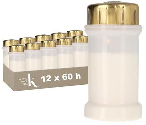 KRISTEN Bougie Funéraire Extérieure - Blanc - Lot de 12 - Durée 3 Jours (60 Heures) - Bougie Commémorative - Résistant aux Intempéries, Capot Anti-Tempête